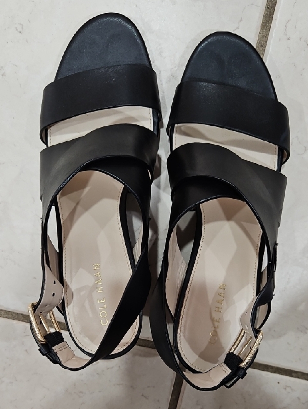 Cole Haan Black Leather Strappy Platform Sandals with Gold Buckles - Picture 8 of 10